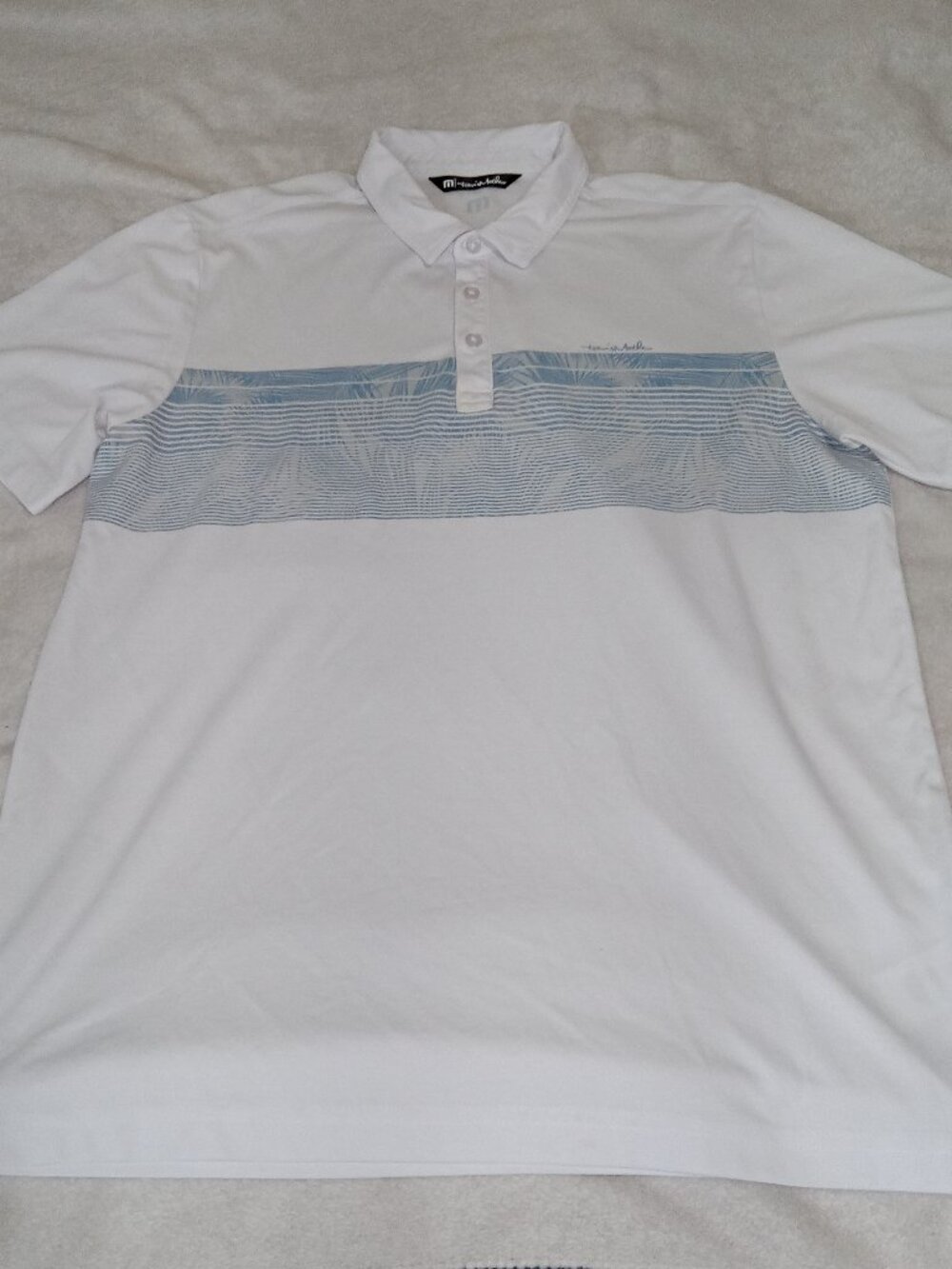 Travis Mathew Polo Shirt Mens Large White Blue Palm Stripe Golf Performance Polo